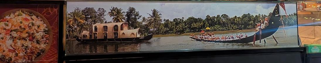 Murale delle backwaters del Kerala dipinto sul bancone del locale
